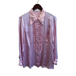 Vintage Escada Silky Ruffle Blouse Crystal Buttons Pink Size Medium